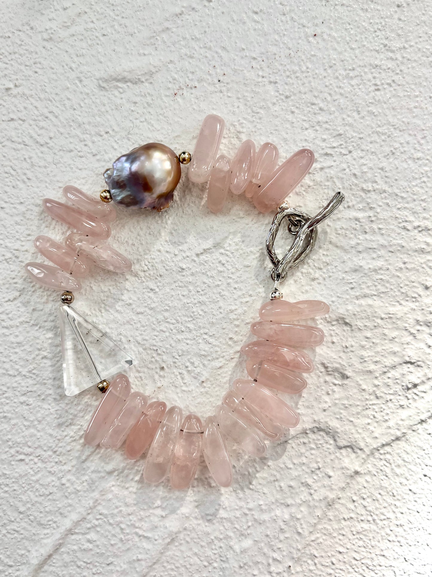 Triangle Clear Quartz & Rose Quartz Toggle Bracelet