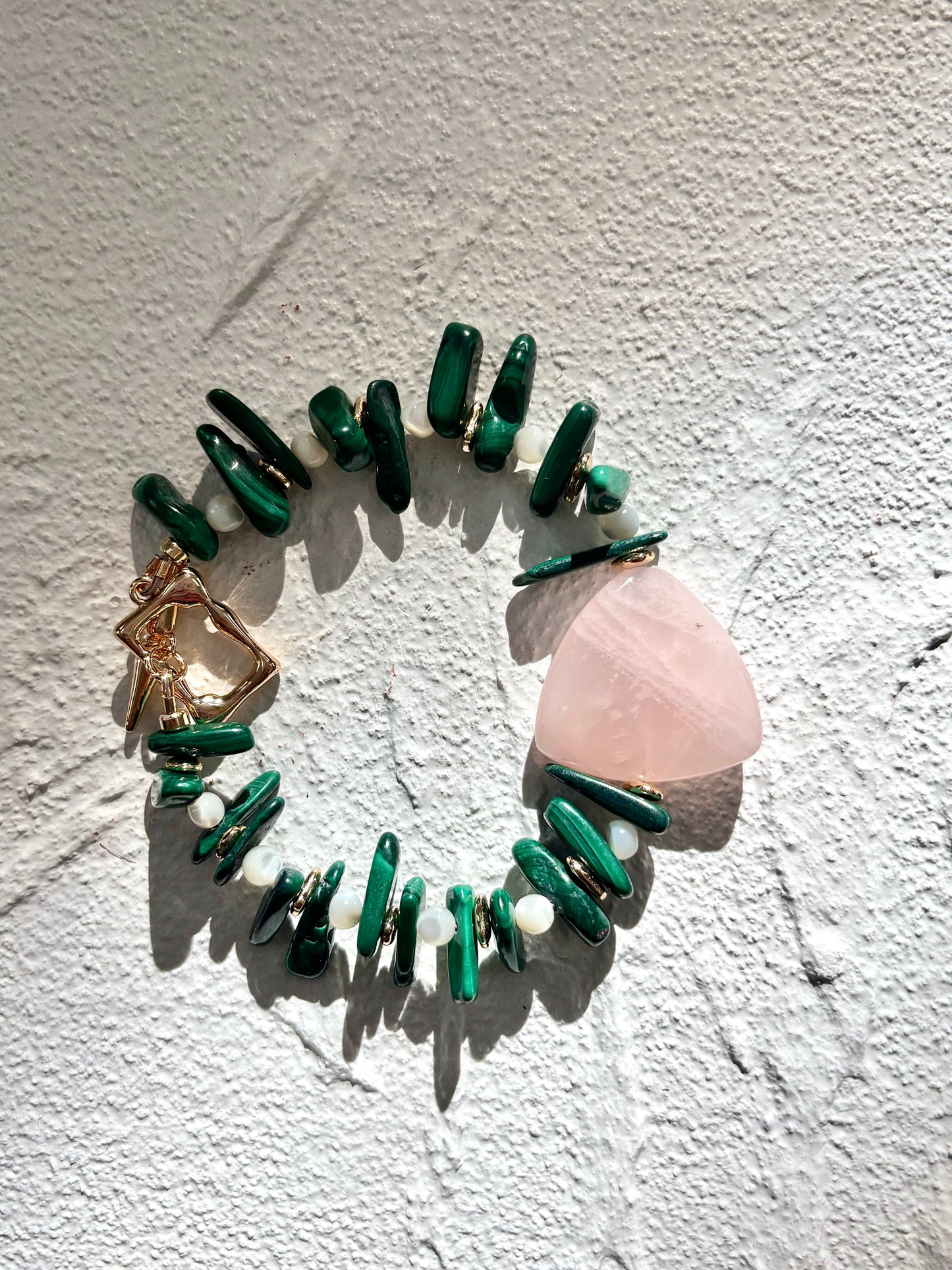 Rose Quartz & Malachite Toggle Bracelet- OOAK