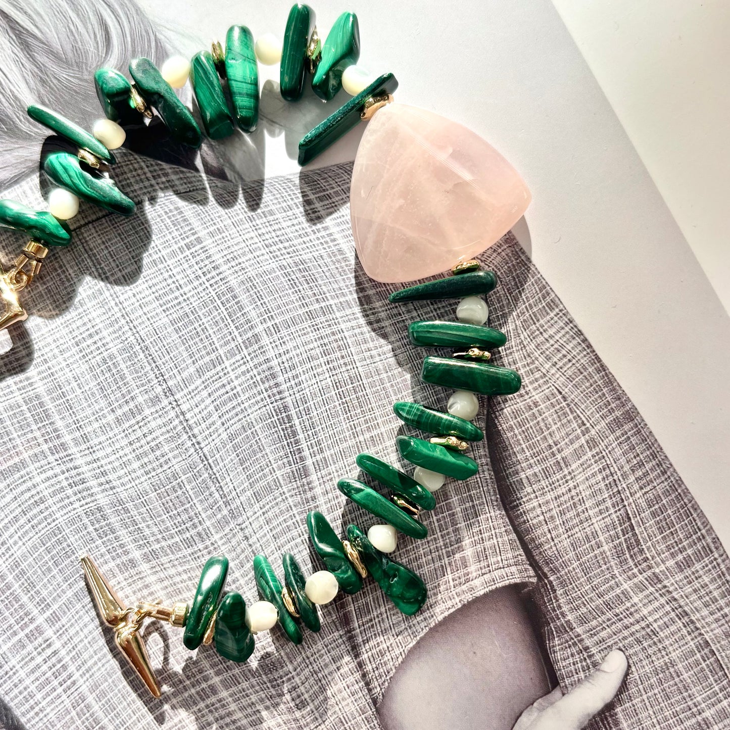 Rose Quartz & Malachite Toggle Bracelet- OOAK