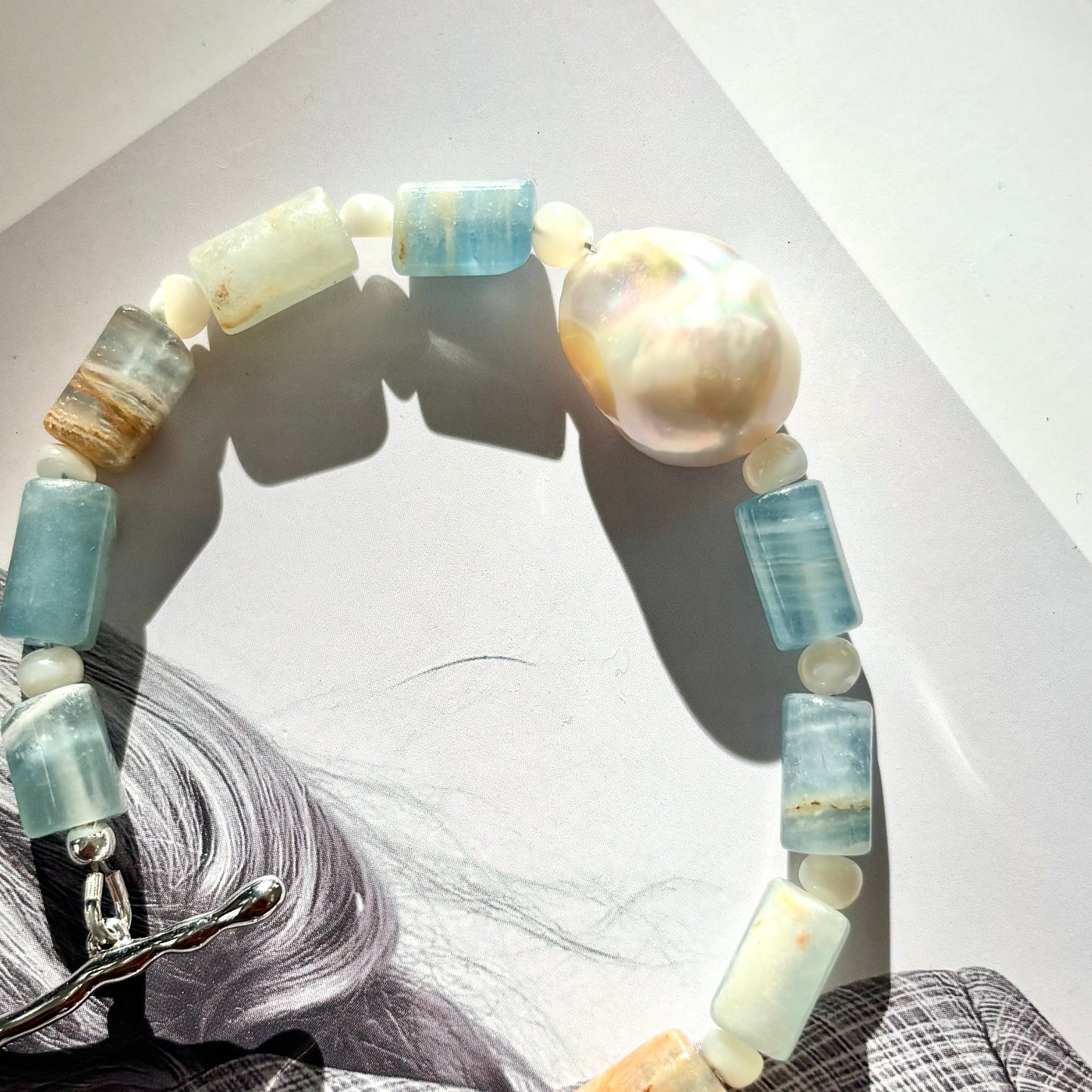 Blue Calcite & Baroque Pearl Bracelet