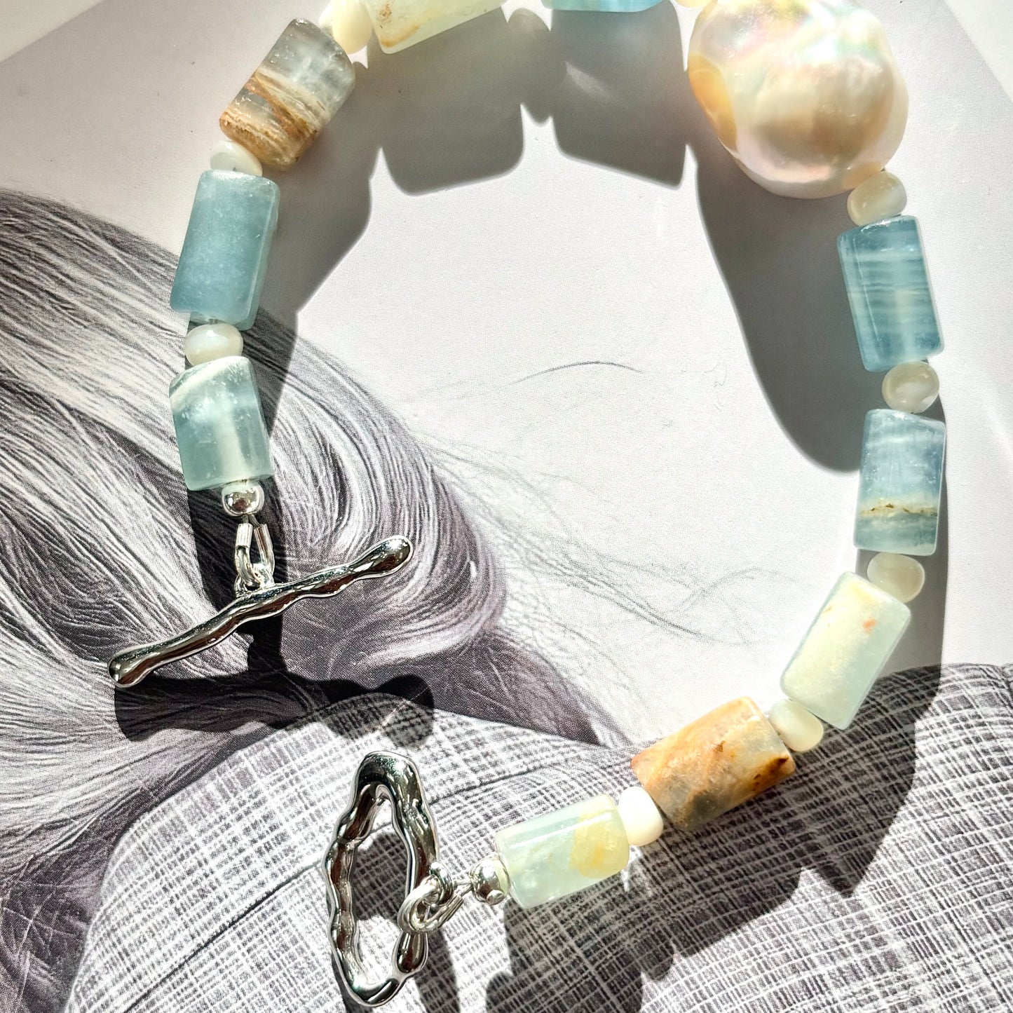 Blue Calcite & Baroque Pearl Bracelet