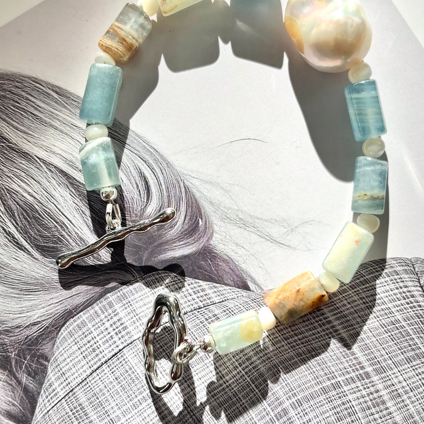 Blue Calcite & Baroque Pearl Bracelet
