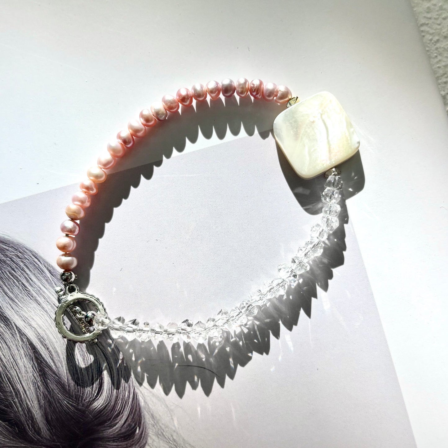 Pink Seed Pearl & Sparkling Crystal Toggle Clasp Bracelet