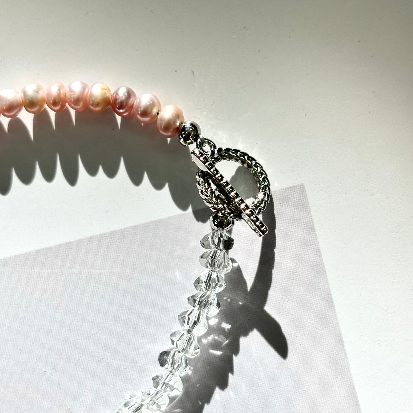 Pink Seed Pearl & Sparkling Crystal Toggle Clasp Bracelet