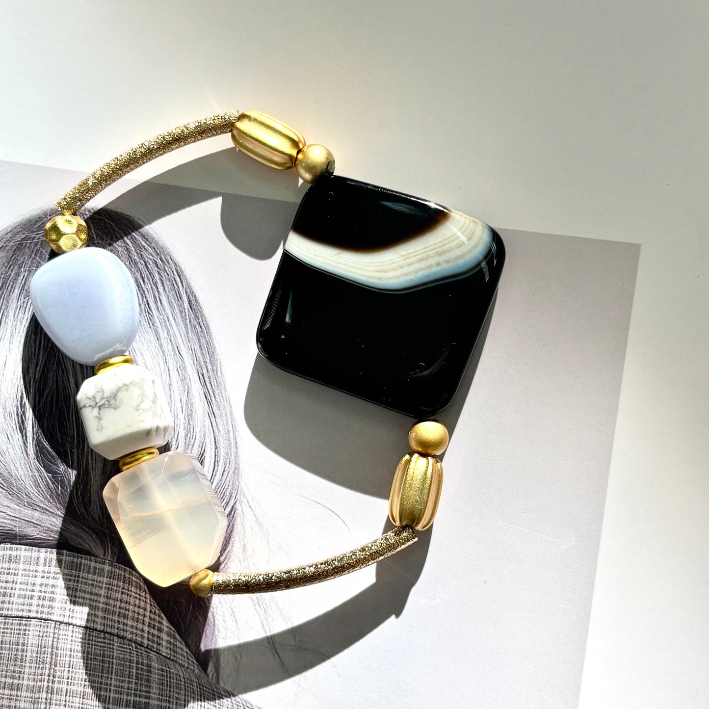 Black Agate Gold Accent Bracelet - ArcLine
