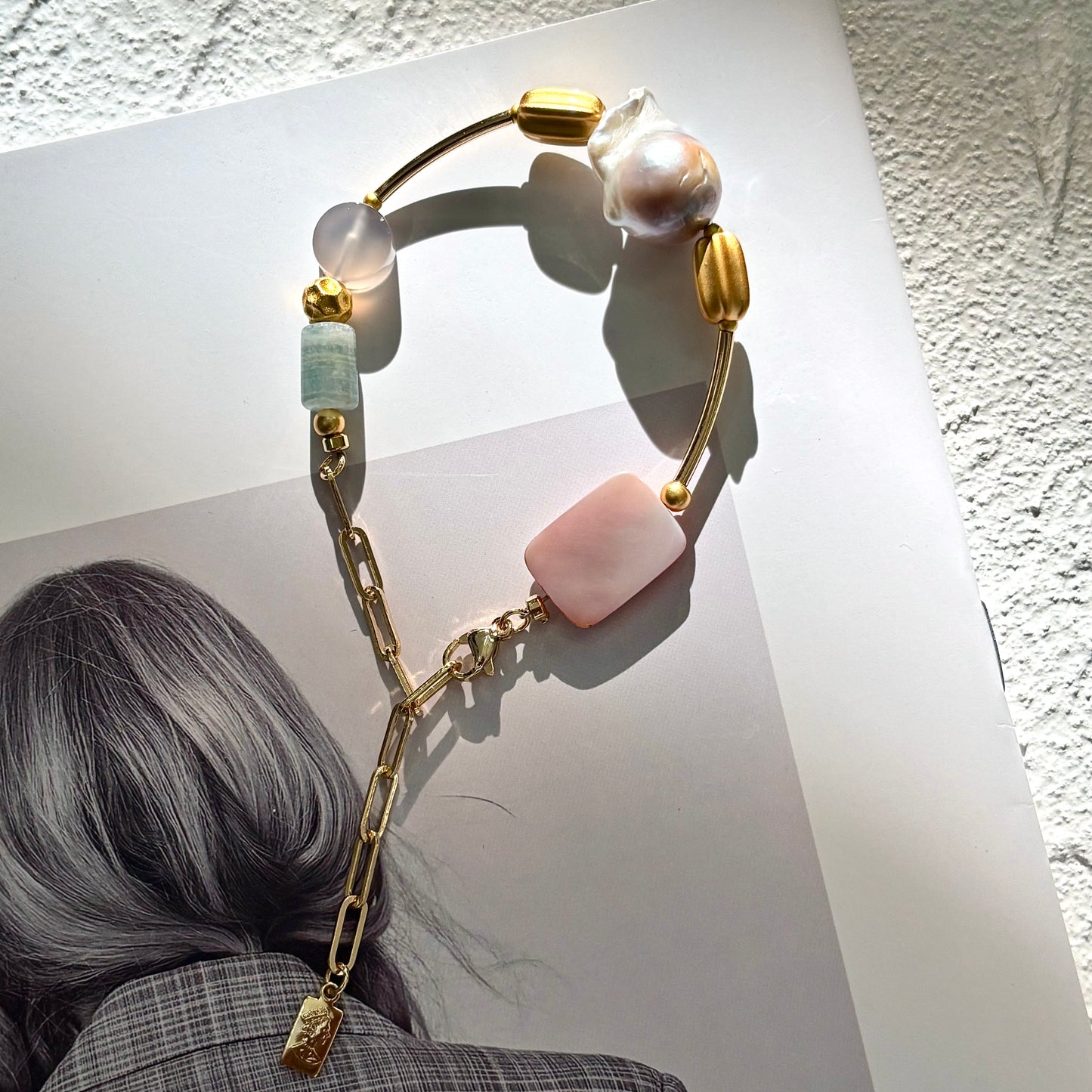 Baroque Pearl & Nature Crystal Bracelet with Paperclip Chain- ArcLine