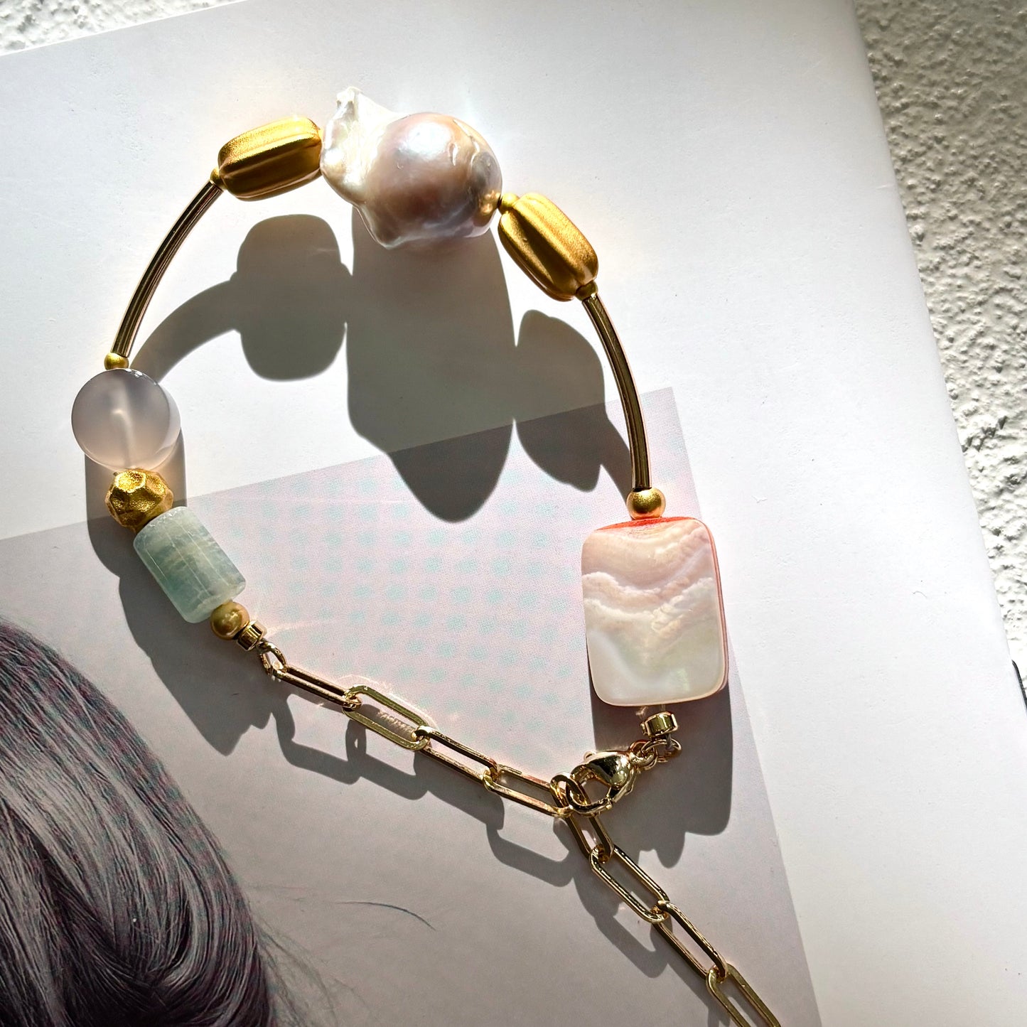 Baroque Pearl & Nature Crystal Bracelet with Paperclip Chain- ArcLine