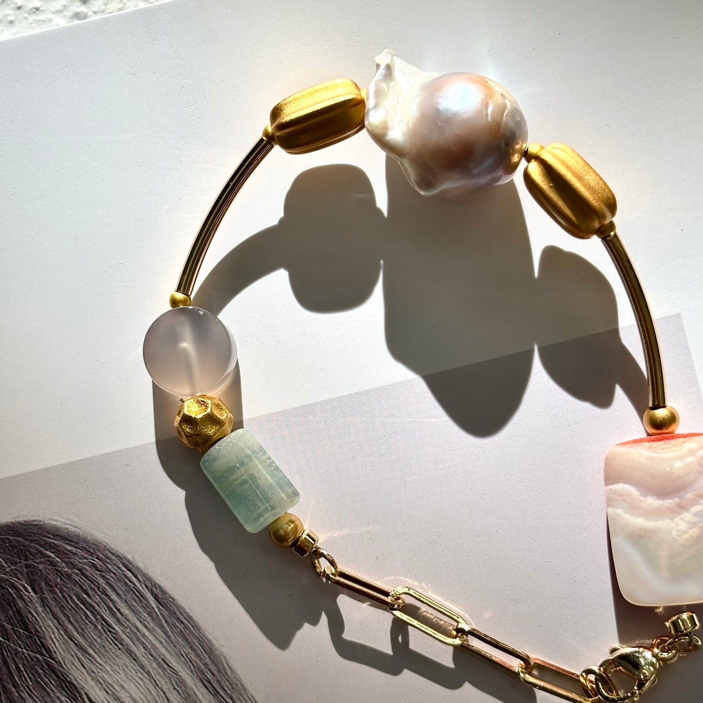 Baroque Pearl & Nature Crystal Bracelet with Paperclip Chain- ArcLine