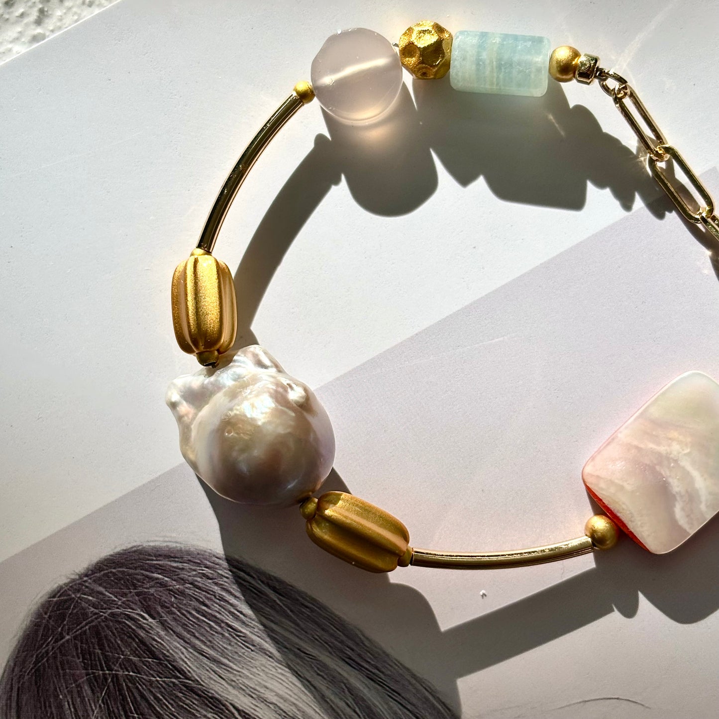 Baroque Pearl & Nature Crystal Bracelet with Paperclip Chain- ArcLine