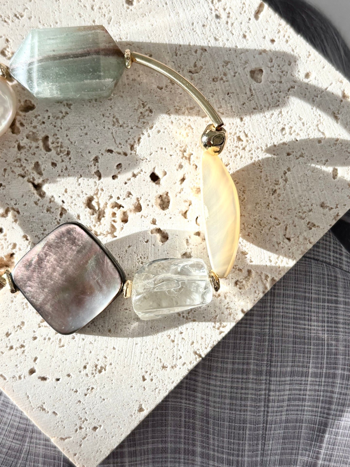 Baroque Pearl, Green Quartz & Shell Bracelet - ArcLine OOAK