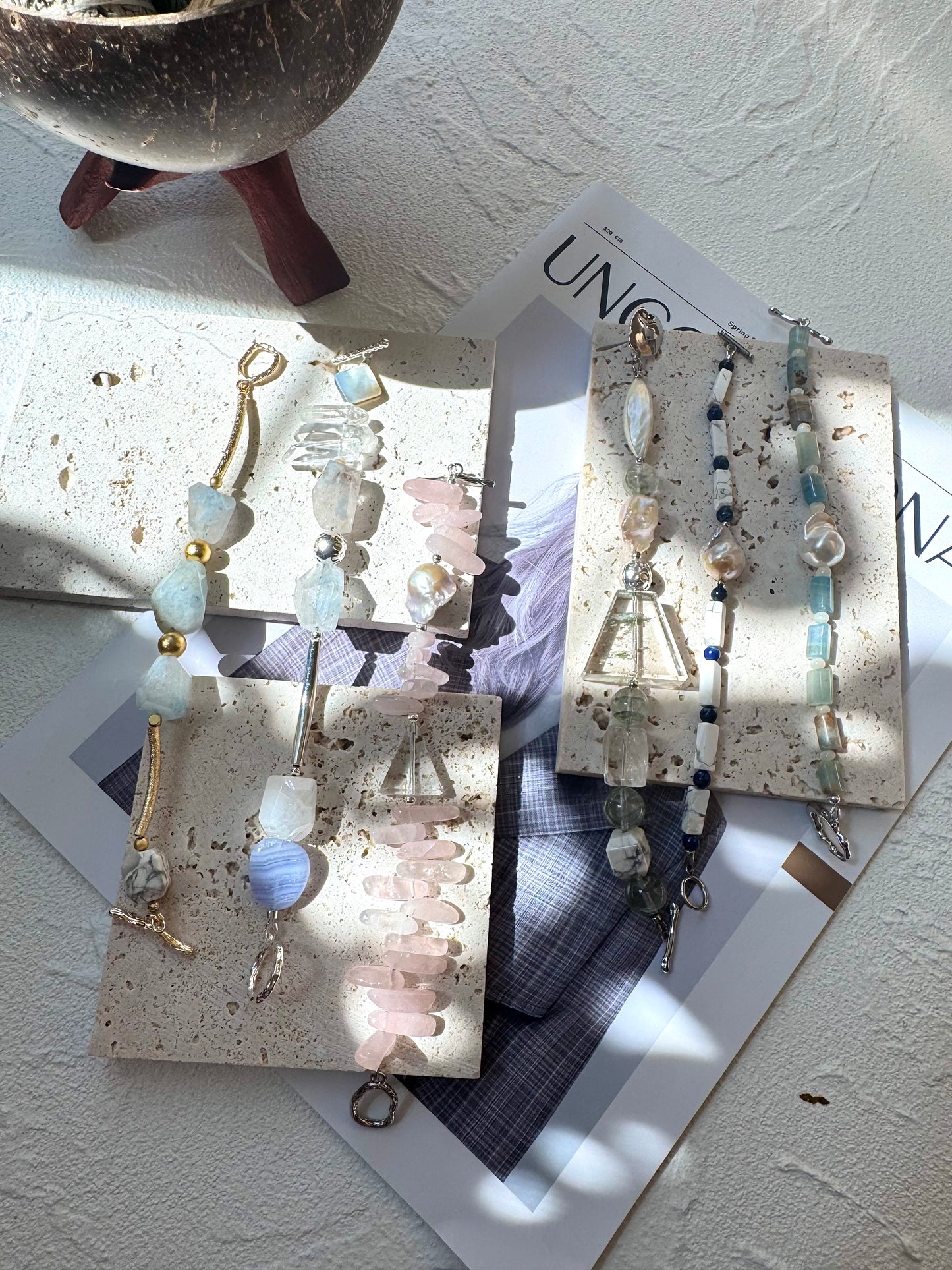 Tri-Color Phantom Quartz & Howlite Bracelet with Brushed Gold-Plated Toggle Clasp- OOAK