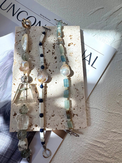 Green Phantom Quartz & Baroque Pearl Bracelet with Silver-Plated Toggle - OOAK