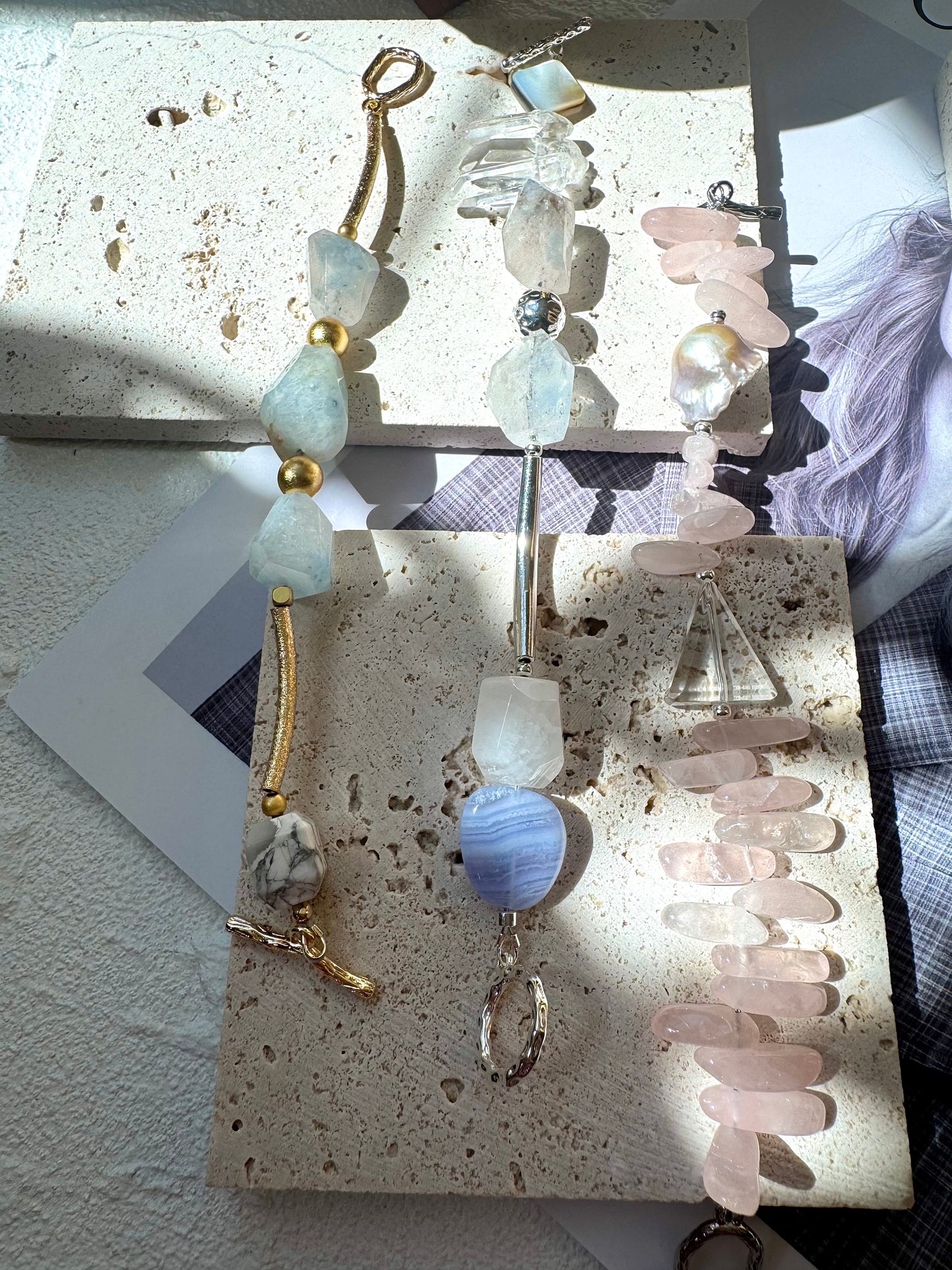 Tri-Color Phantom Quartz & Howlite Bracelet with Brushed Gold-Plated Toggle Clasp- OOAK