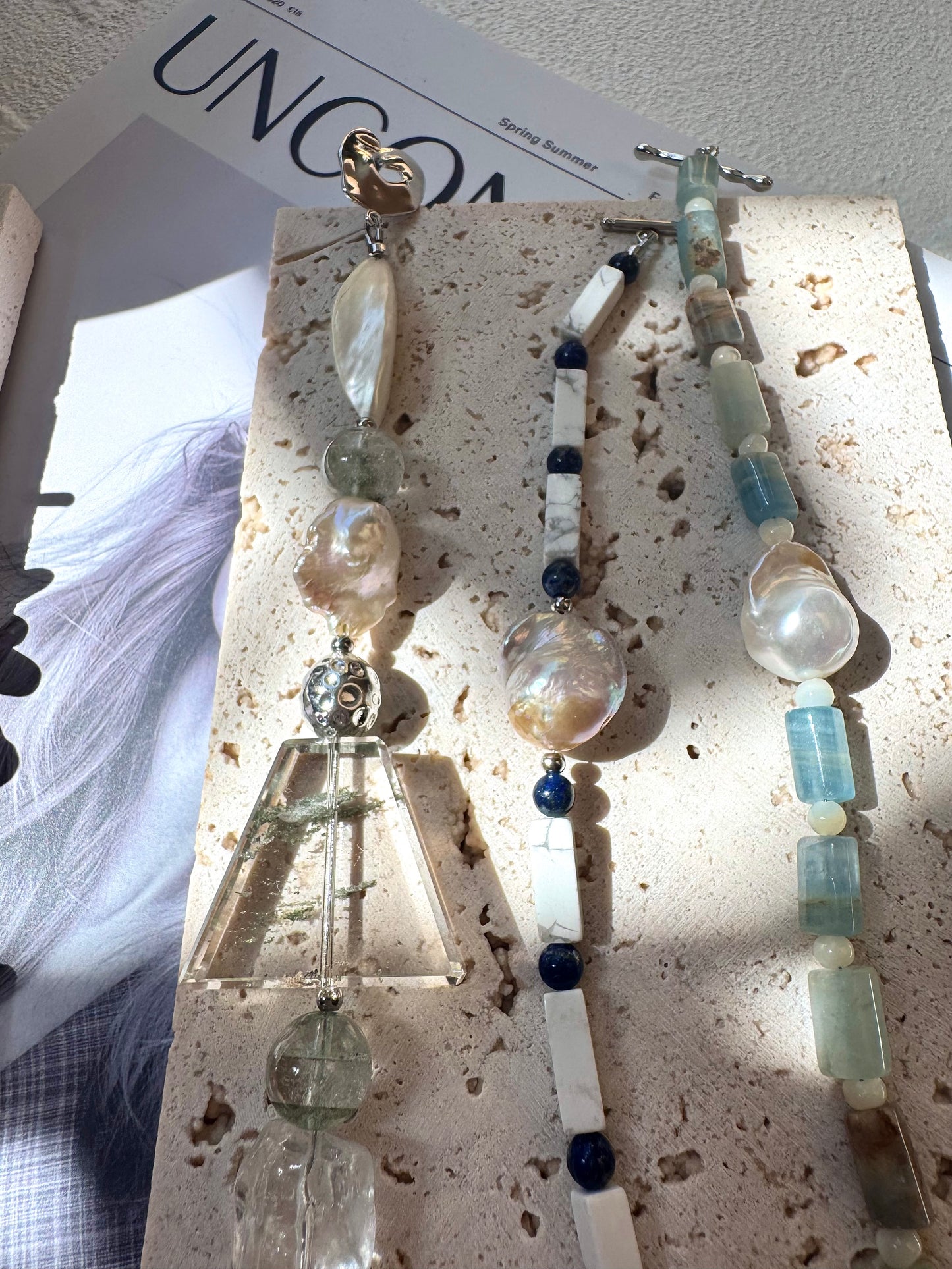 Green Phantom Quartz & Baroque Pearl Bracelet with Silver-Plated Toggle - OOAK