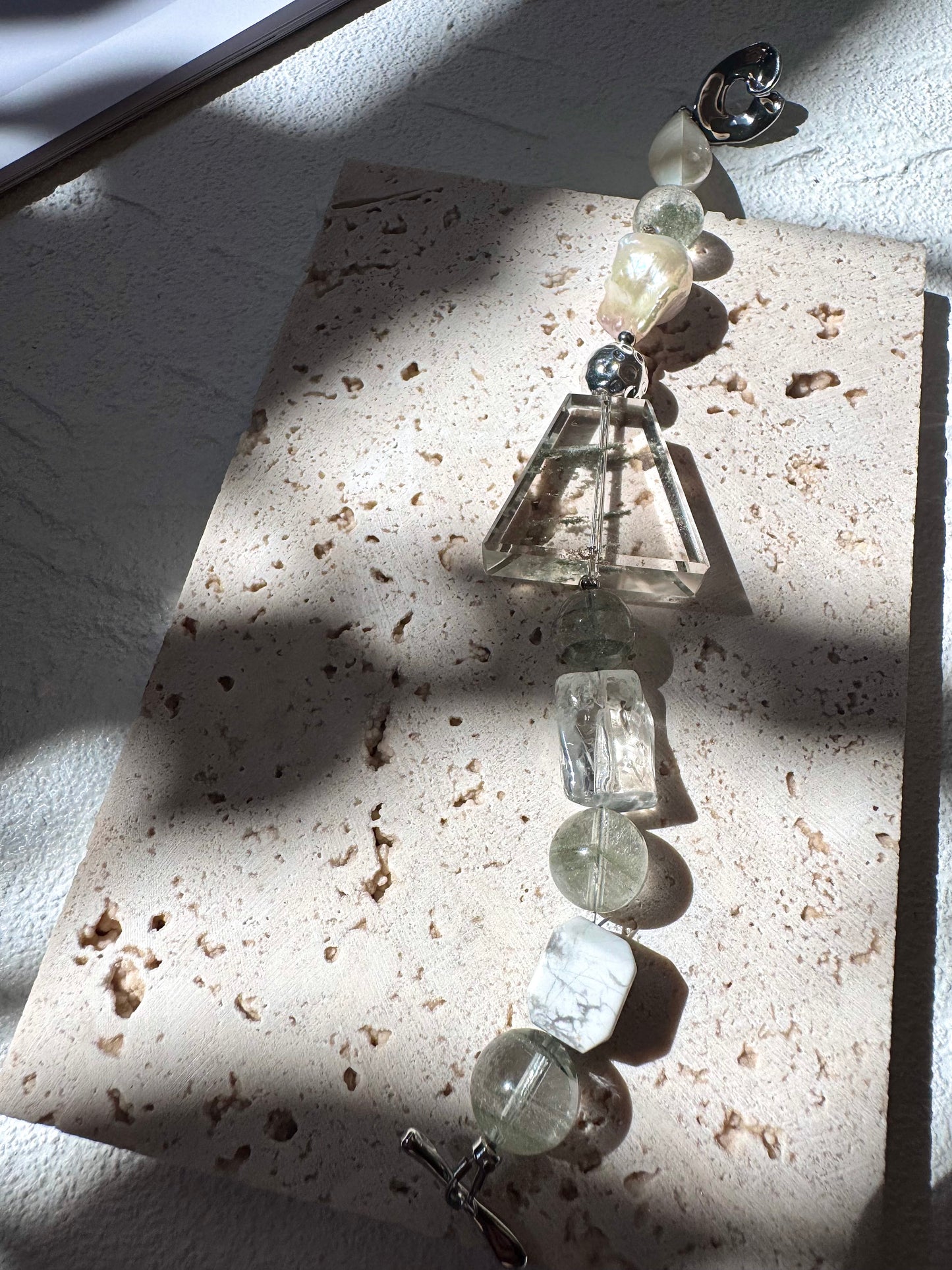 Green Phantom Quartz & Baroque Pearl Bracelet with Silver-Plated Toggle - OOAK