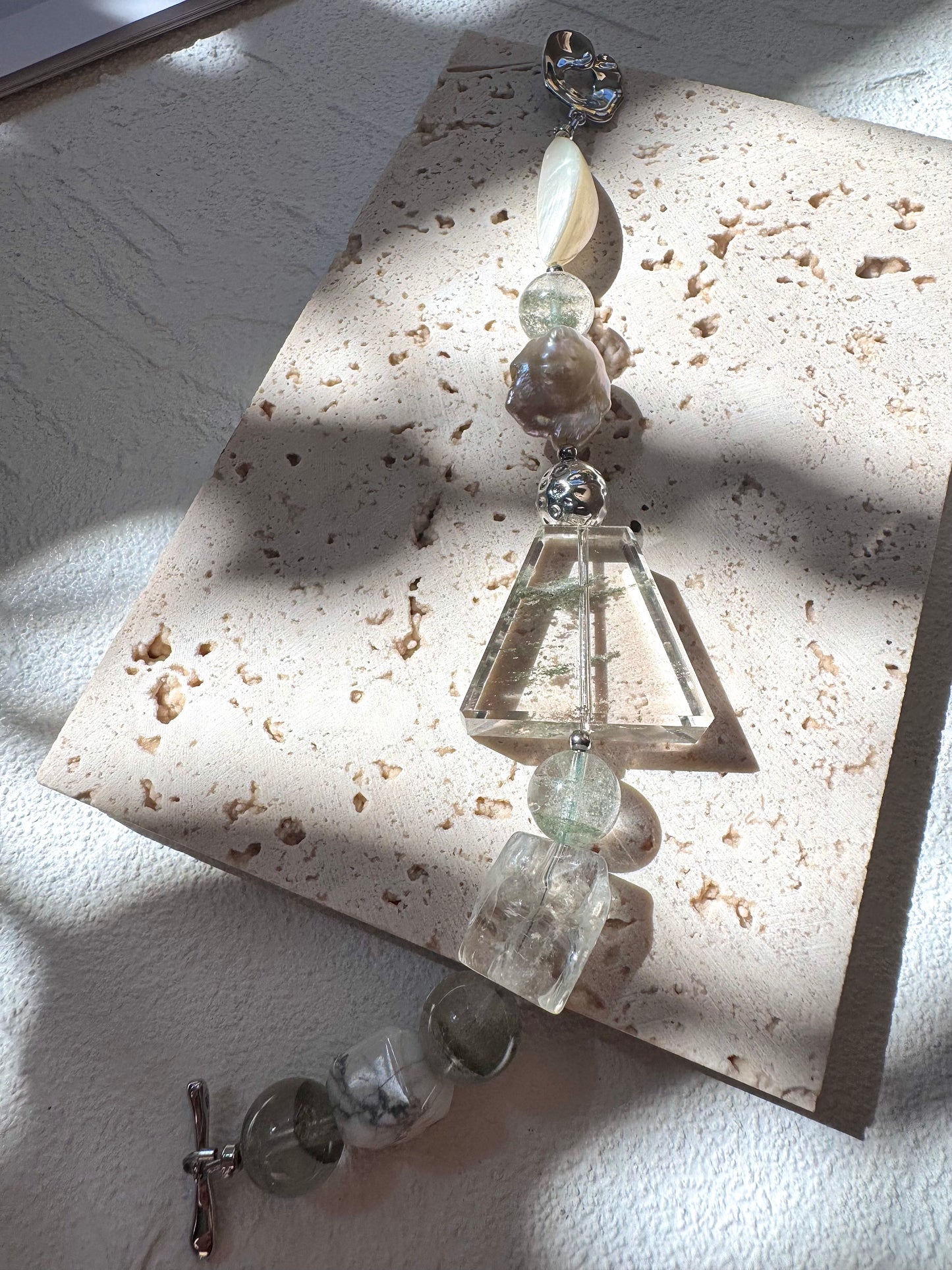 Green Phantom Quartz & Baroque Pearl Bracelet with Silver-Plated Toggle - OOAK