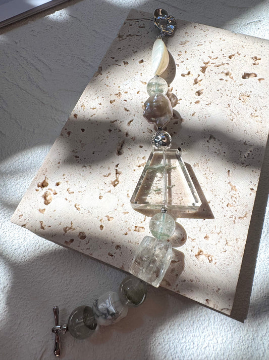 Green Phantom Quartz & Baroque Pearl Bracelet with Silver-Plated Toggle - OOAK