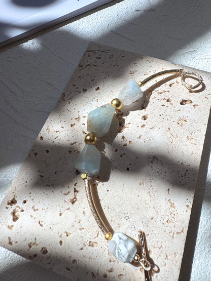 Tri-Color Phantom Quartz & Howlite Bracelet with Brushed Gold-Plated Toggle Clasp- OOAK