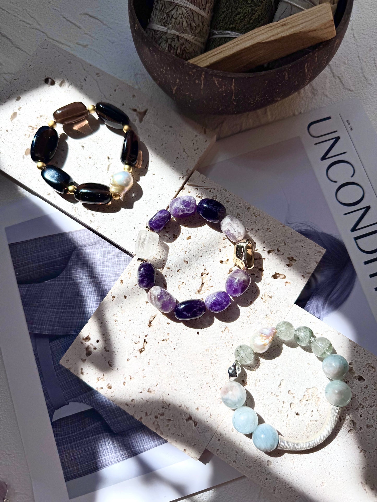 Green Phantom Quartz & Aquamarine Sterling Silver Bracelet- OOAK