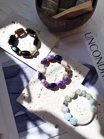 Green Phantom Quartz & Aquamarine Sterling Silver Bracelet- OOAK