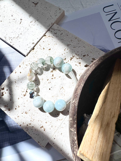 Green Phantom Quartz & Aquamarine Sterling Silver Bracelet- OOAK