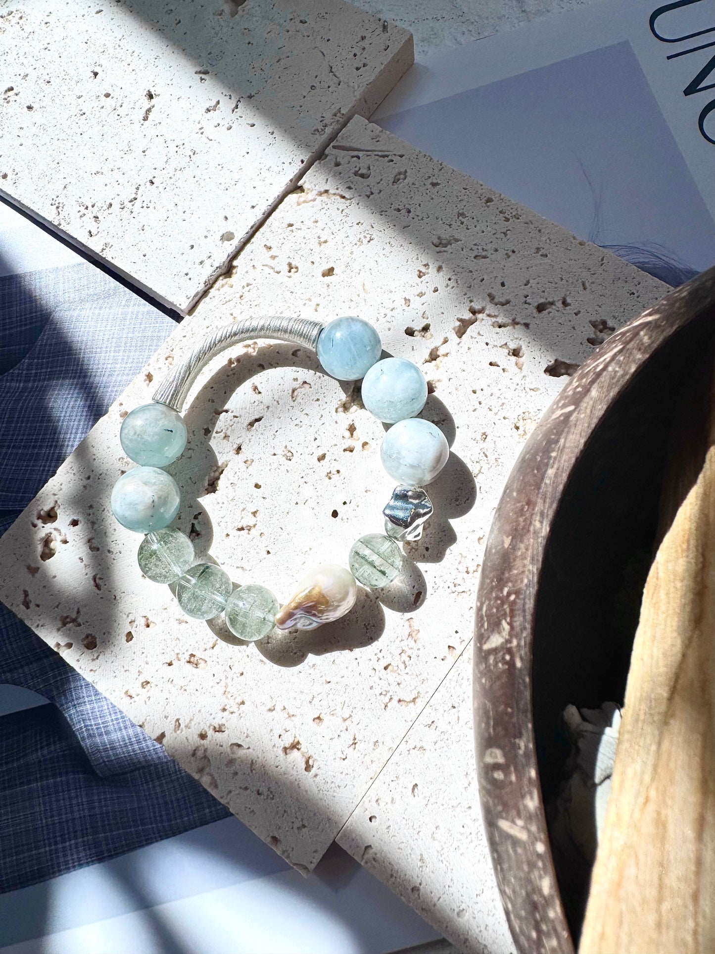 Green Phantom Quartz & Aquamarine Sterling Silver Bracelet- OOAK