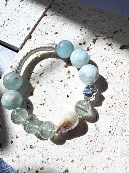 Green Phantom Quartz & Aquamarine Sterling Silver Bracelet- OOAK