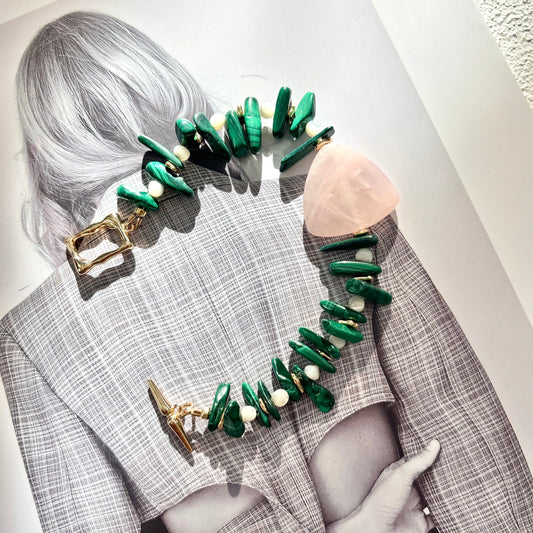 Rose Quartz & Malachite Toggle Bracelet- OOAK