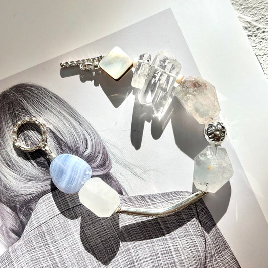 Rare Blue Fur-Like Quartz & Blue Agate Toggle Bracelet - OOAK