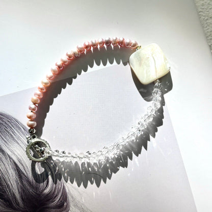 Pink Seed Pearl & Sparkling Crystal Toggle Clasp Bracelet