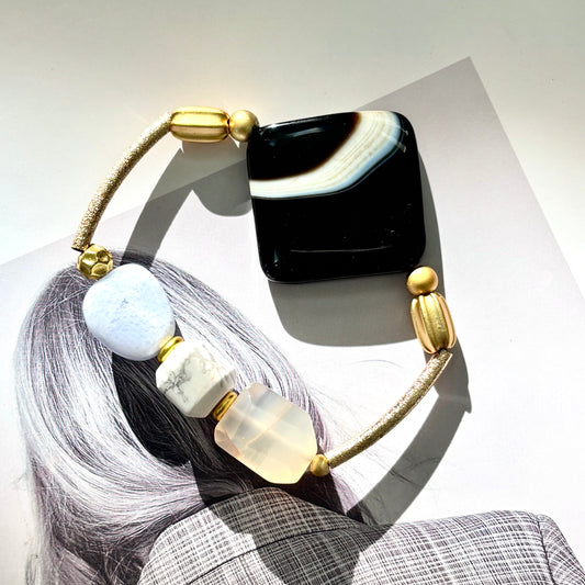 Black Agate Gold Accent Bracelet - ArcLine