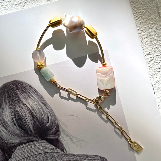 Baroque Pearl & Nature Crystal Bracelet with Paperclip Chain- ArcLine
