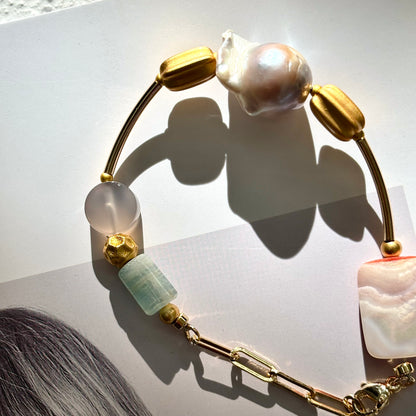 Baroque Pearl & Nature Crystal Bracelet with Paperclip Chain- ArcLine