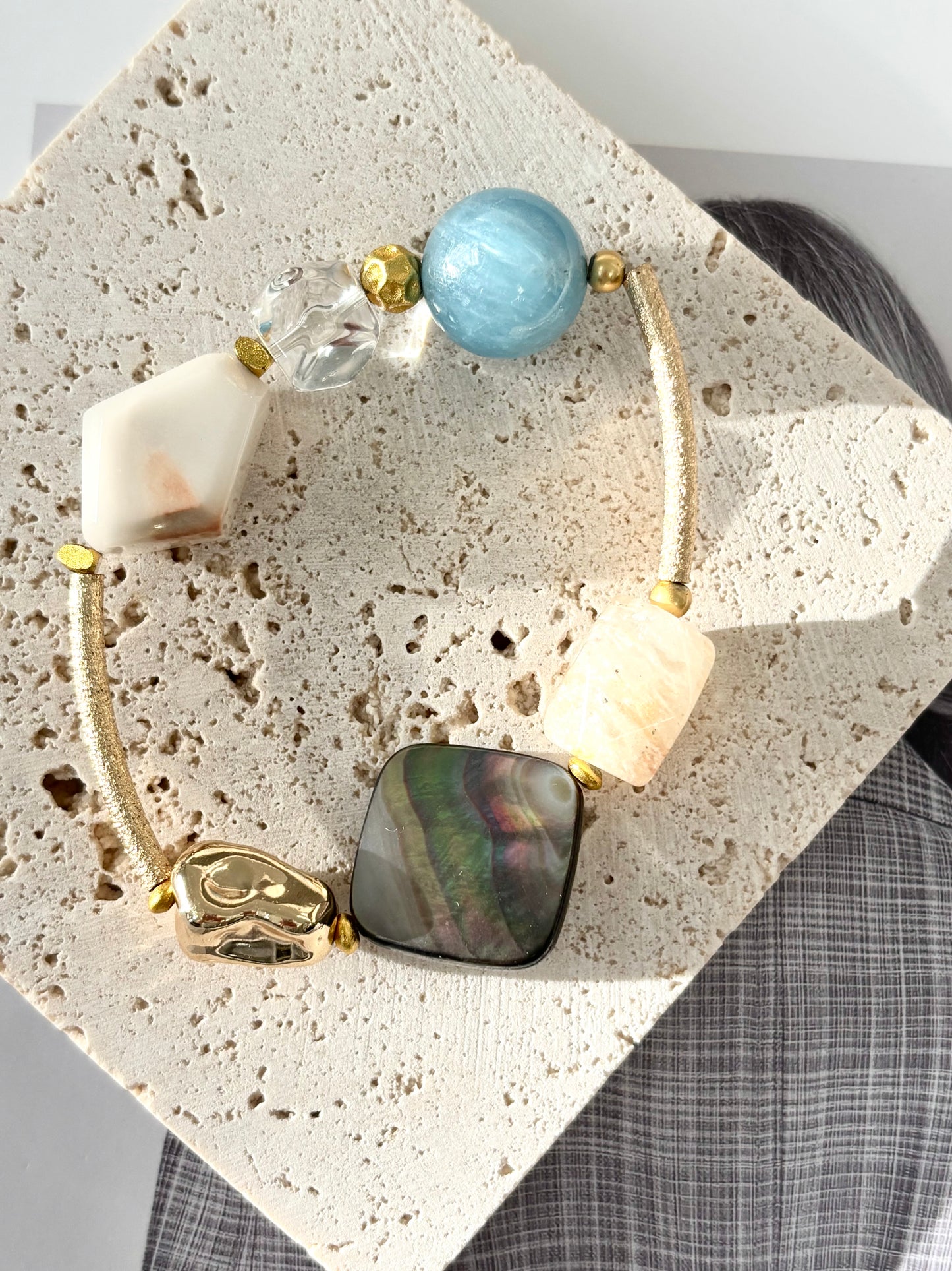 White Fur Phantom Quartz & Aquamarine Bracelet - ArcLine OOAK