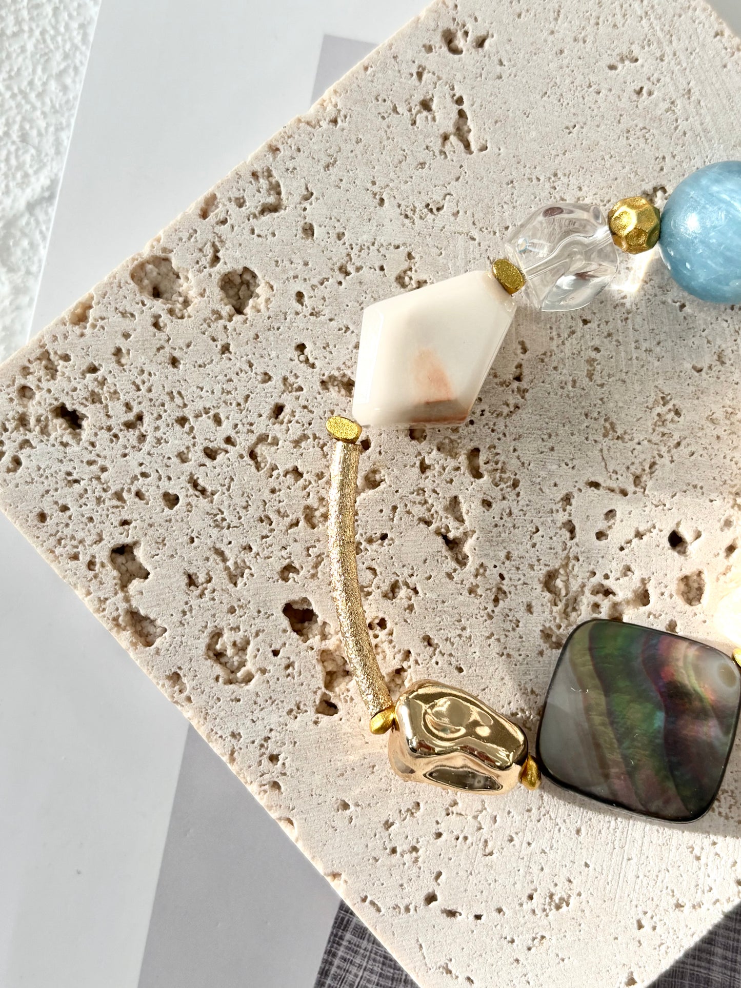 White Fur Phantom Quartz & Aquamarine Bracelet - ArcLine OOAK