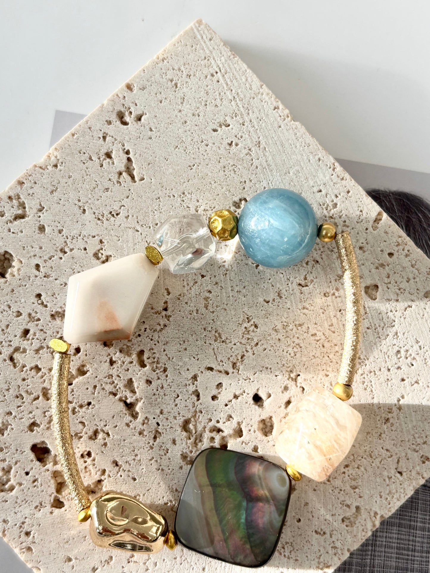 White Fur Phantom Quartz & Aquamarine Bracelet - ArcLine OOAK