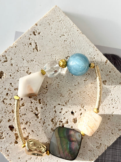 White Fur Phantom Quartz & Aquamarine Bracelet - ArcLine OOAK