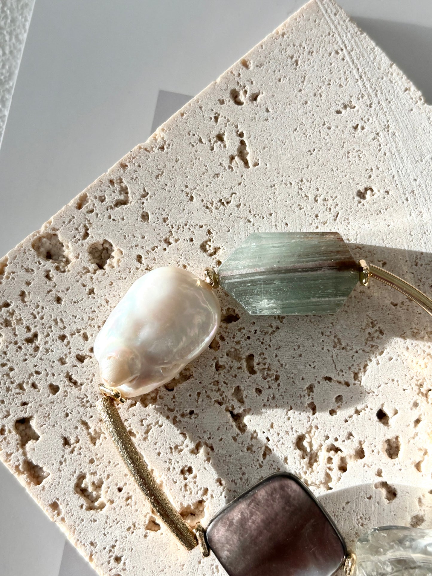 Baroque Pearl, Green Quartz & Shell Bracelet - ArcLine OOAK