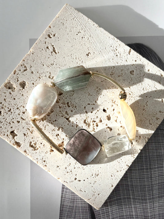 Baroque Pearl, Green Quartz & Shell Bracelet - ArcLine OOAK