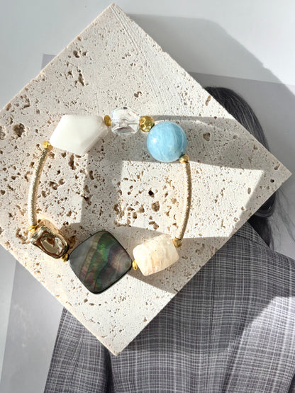 White Fur Phantom Quartz & Aquamarine Bracelet - ArcLine OOAK